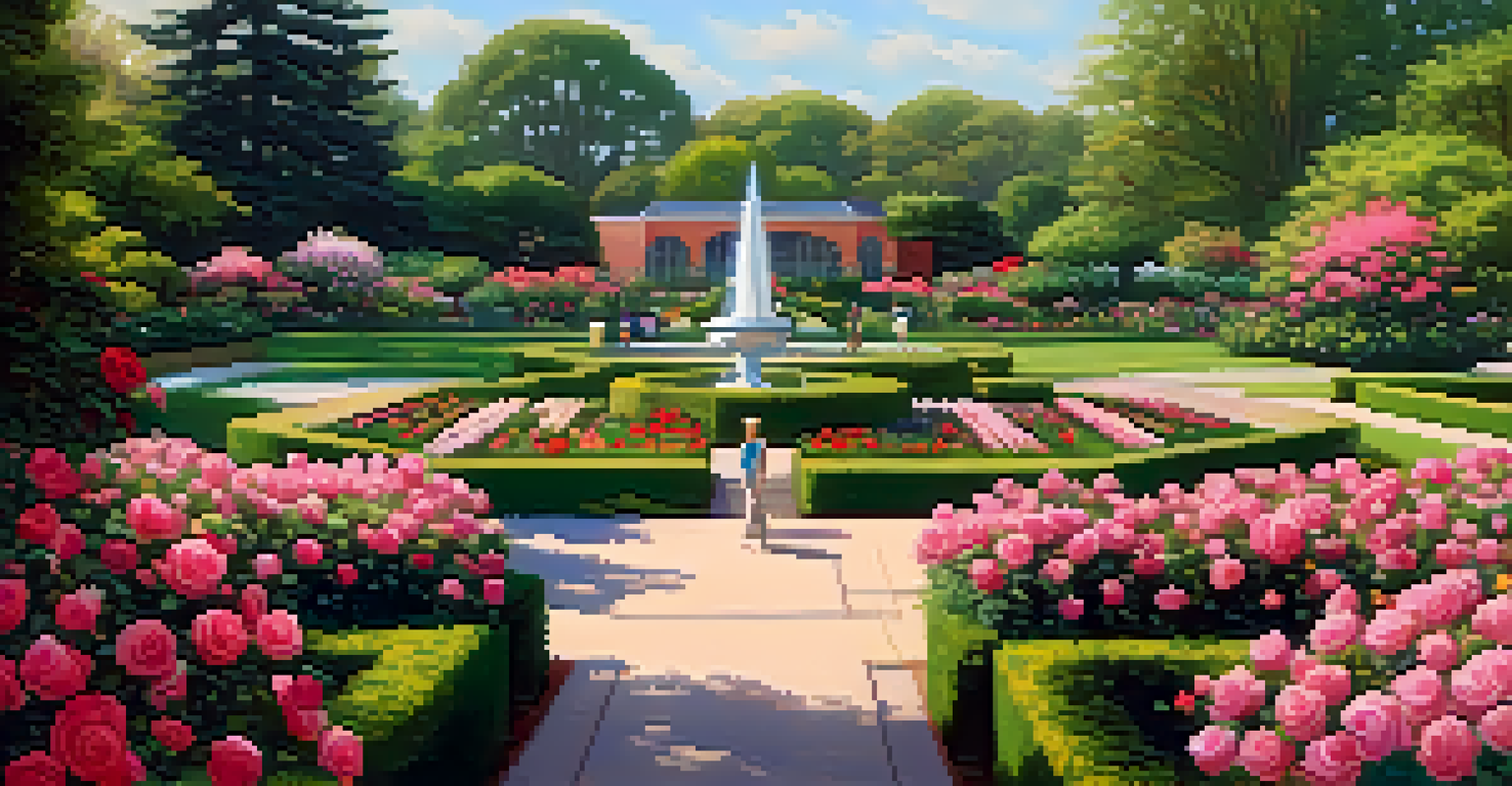 A beautiful rose garden in McKinley Park with colorful flowers, people walking, and practicing yoga.