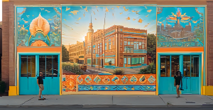 A colorful mural representing Sacramento's cultural diversity, illuminated by warm golden hour light.