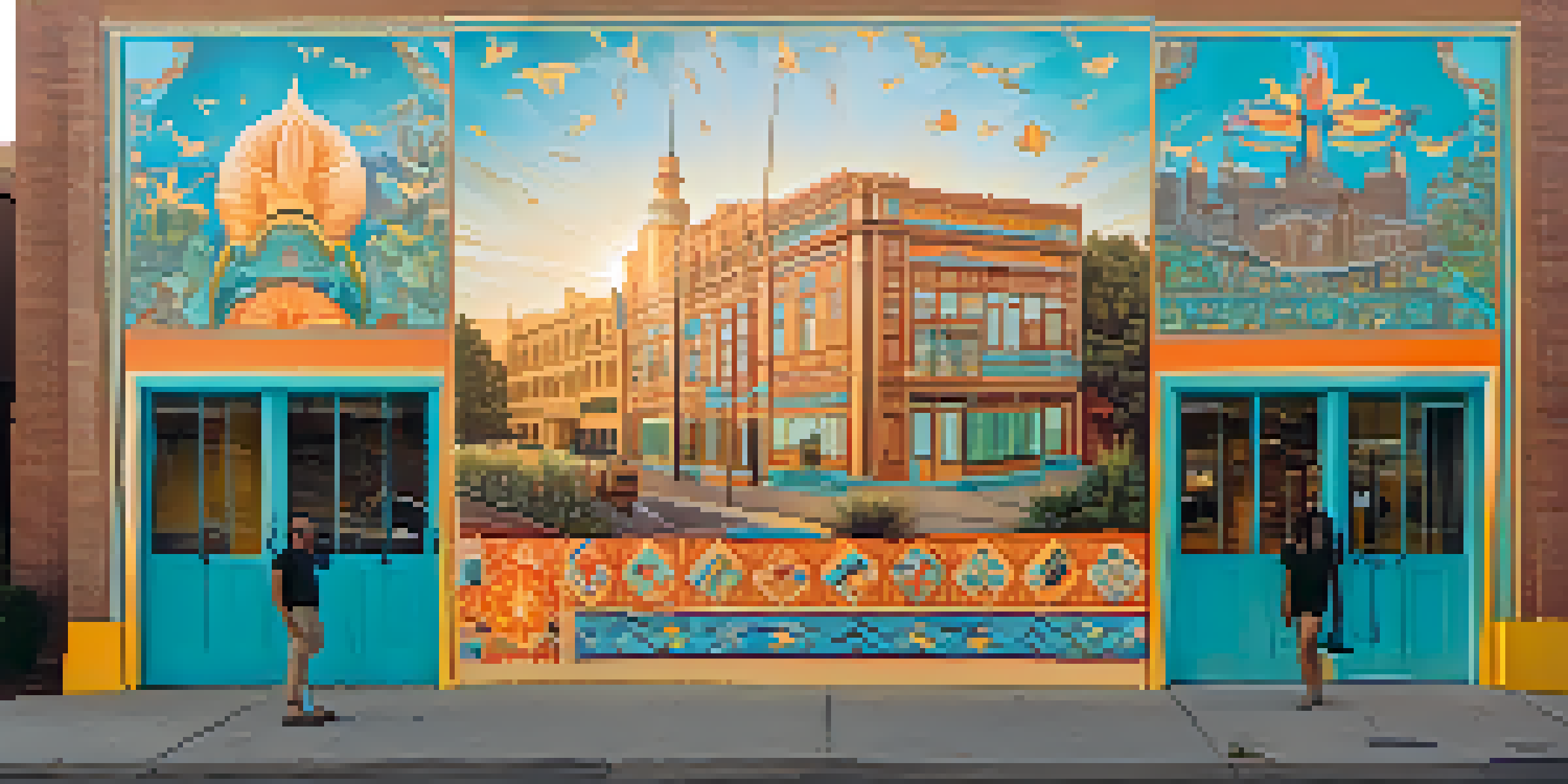 A colorful mural representing Sacramento's cultural diversity, illuminated by warm golden hour light.