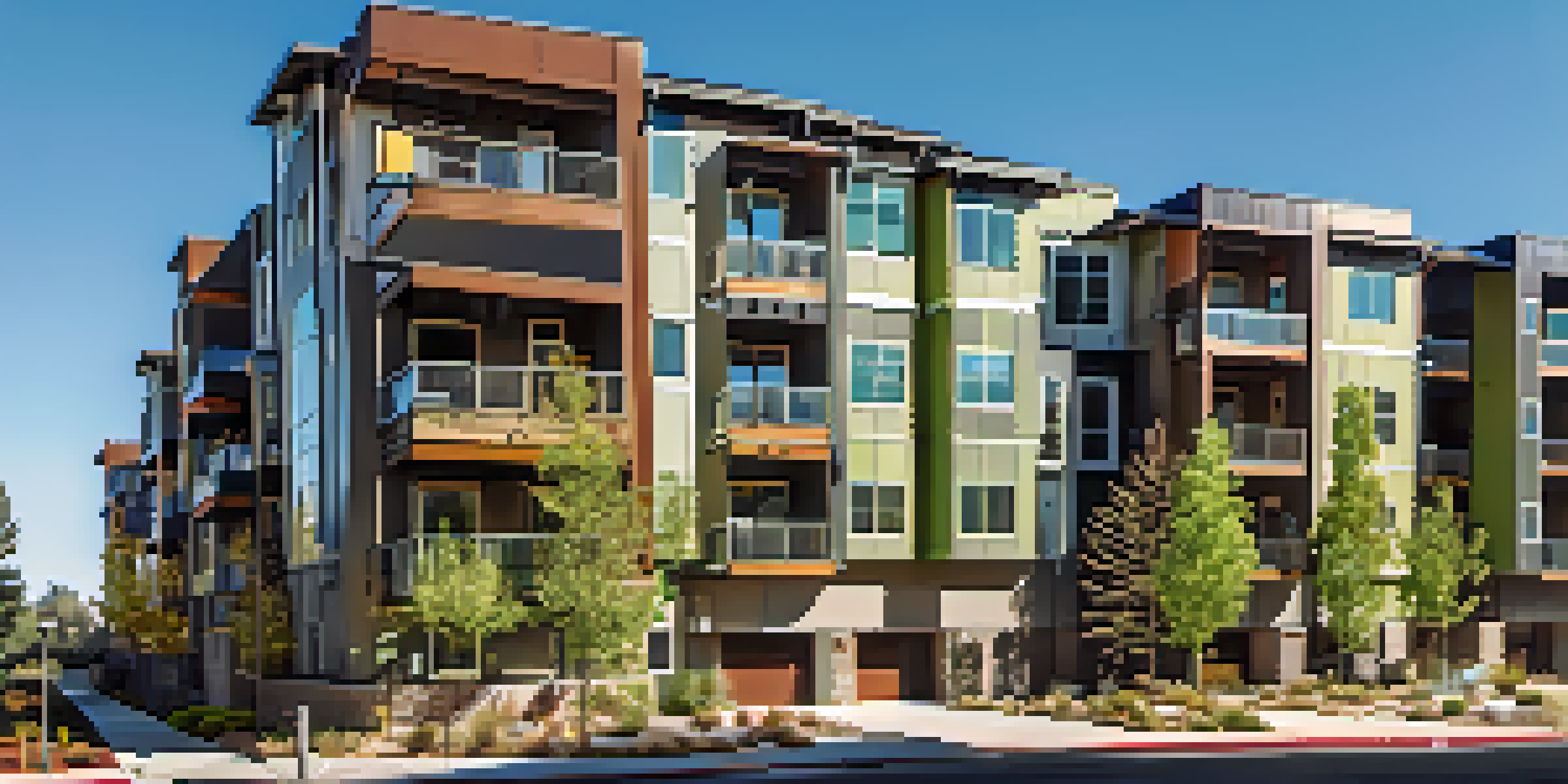 A contemporary multi-family housing complex featuring balconies and green landscaping in Sacramento.