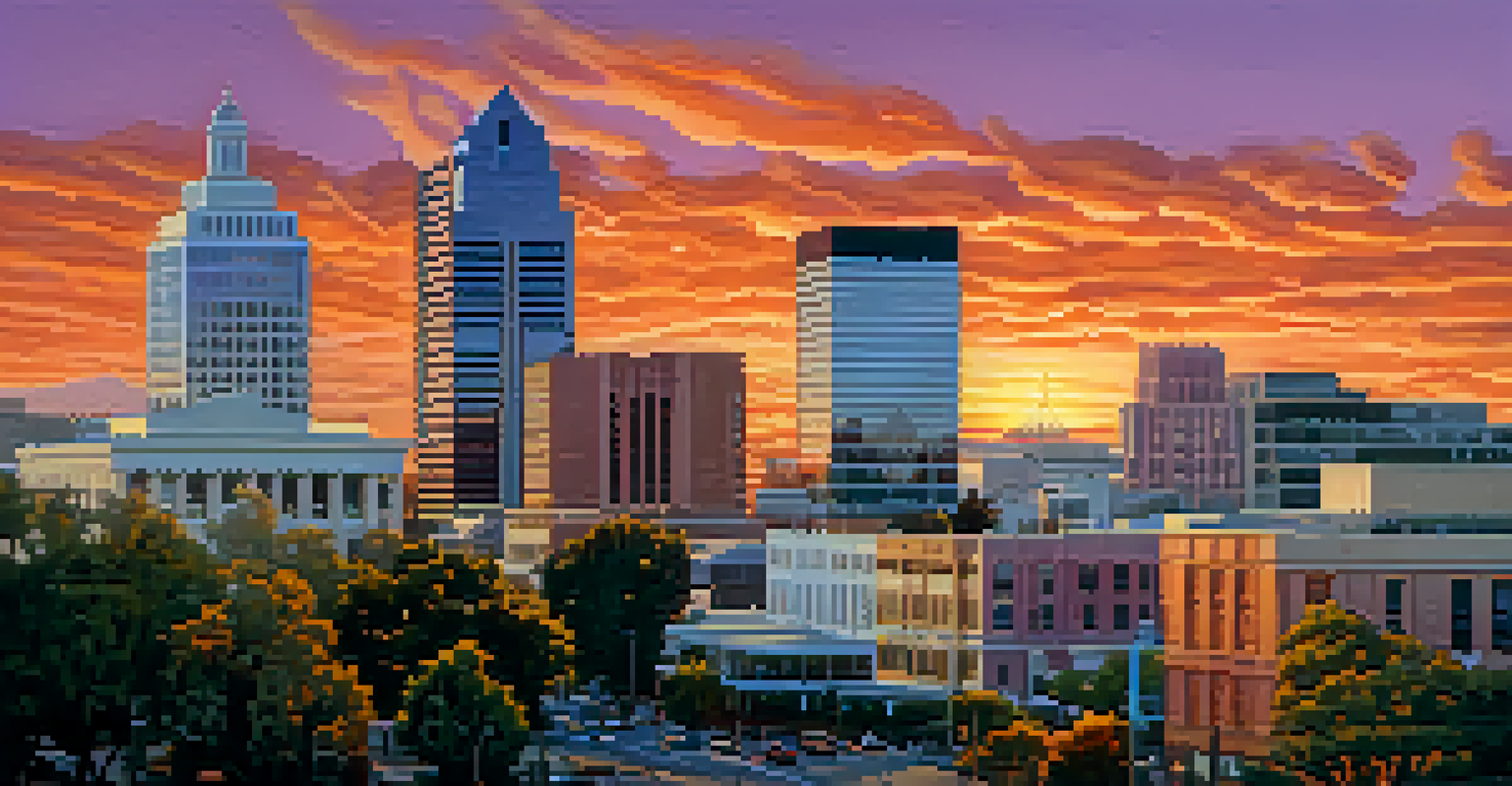 The skyline of Sacramento at sunset, featuring modern buildings and a colorful sky.