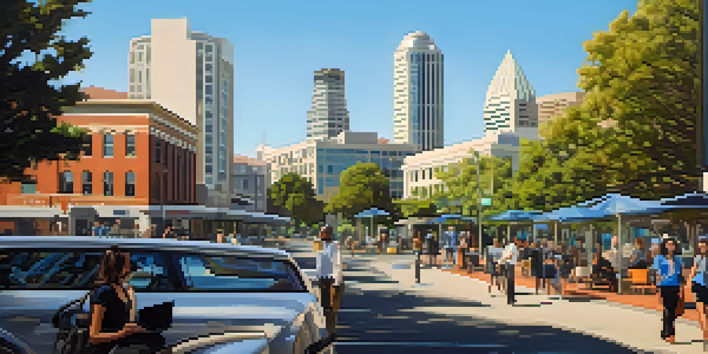 A lively urban scene in Sacramento highlighting a collaborative workspace with diverse individuals discussing ideas, surrounded by modern architecture and greenery under a sunny sky.
