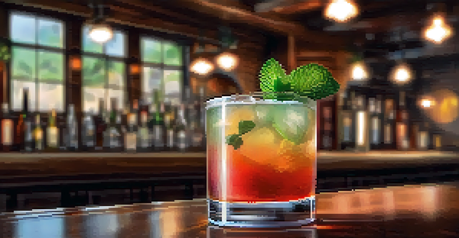 A stylish seasonal cocktail made with fresh mint and fruits, served at a cozy bar with ambient lighting.