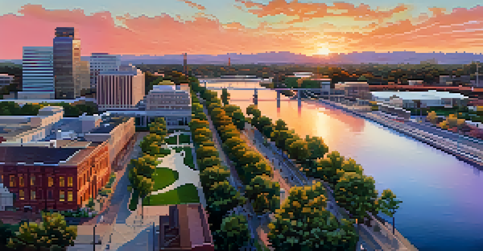 An aerial view of the Sacramento riverfront at sunset with colorful reflections in the water.