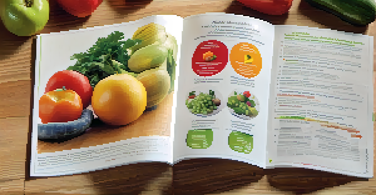 A close-up of a bilingual health pamphlet about diabetes management, with fresh vegetables and fruit on a wooden table, illuminated by natural light.