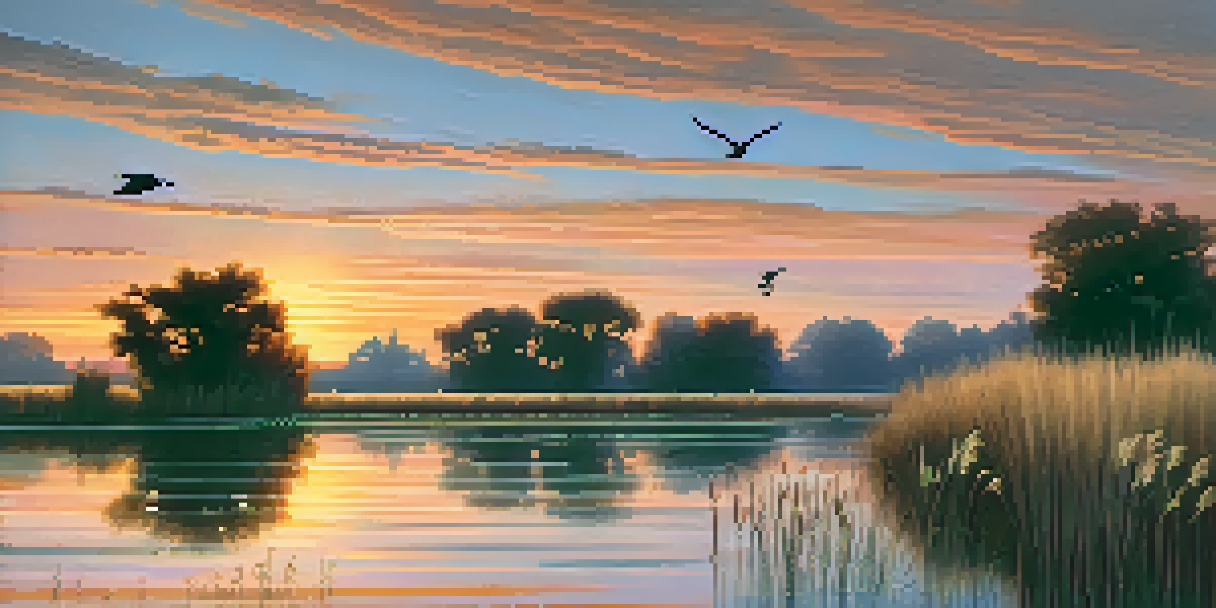 A peaceful sunset scene at Sacramento National Wildlife Refuge, featuring ducks and geese on calm water with vibrant sky colors and tall grasses.