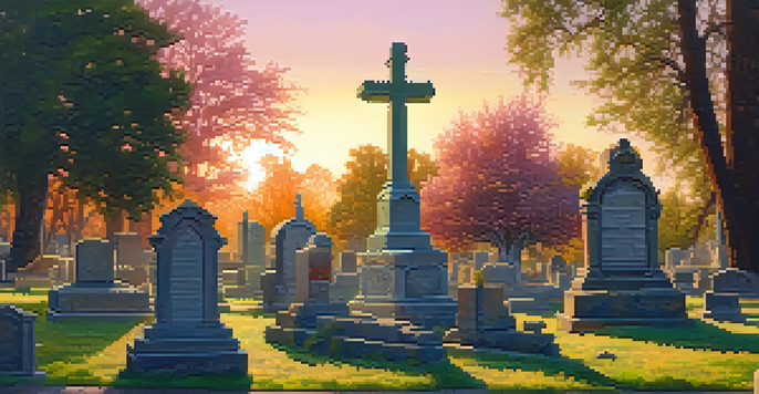 A peaceful sunset view of Old Sacramento City Cemetery, showcasing detailed gravestones and lush greenery.