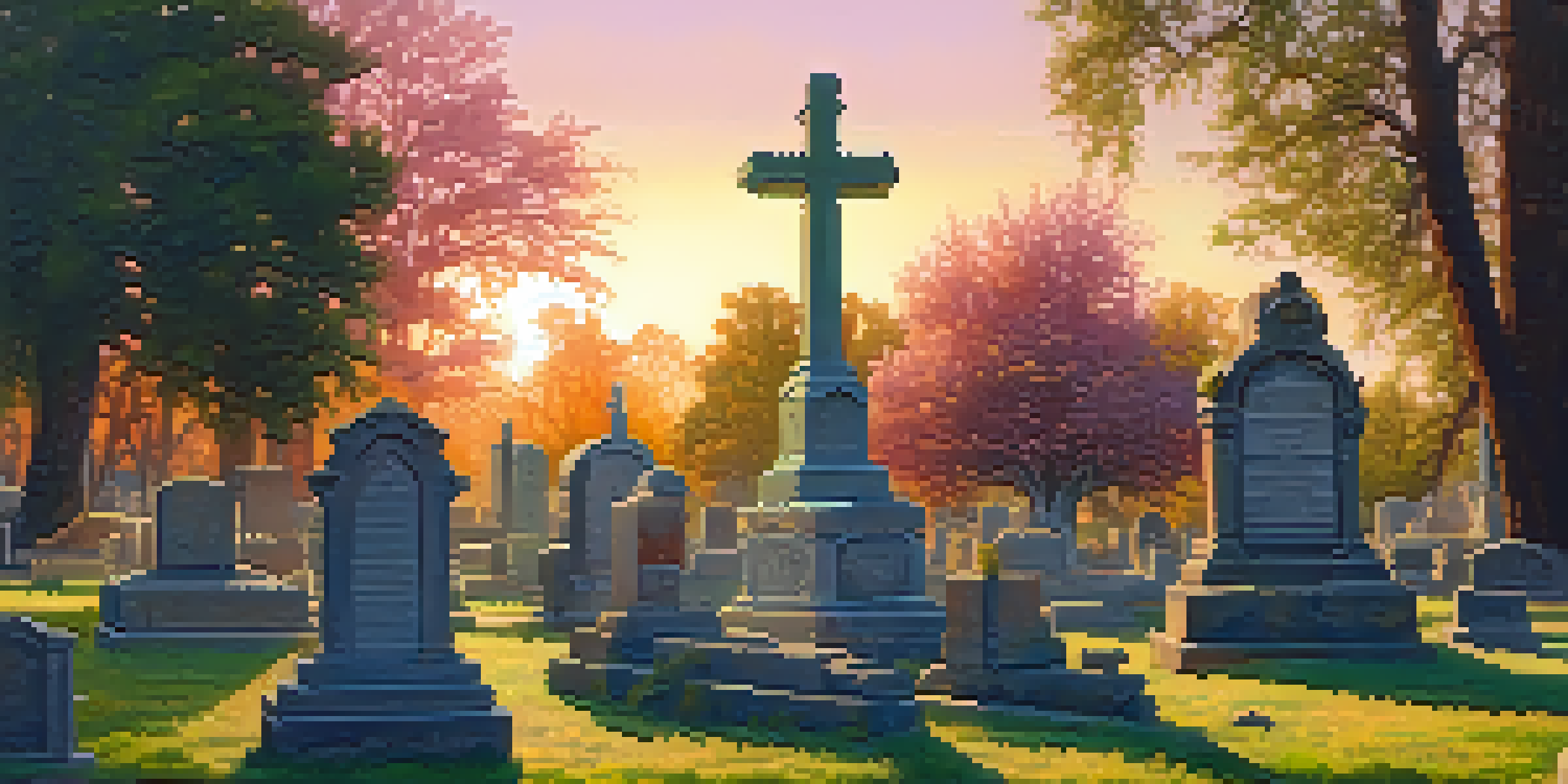 A peaceful sunset view of Old Sacramento City Cemetery, showcasing detailed gravestones and lush greenery.