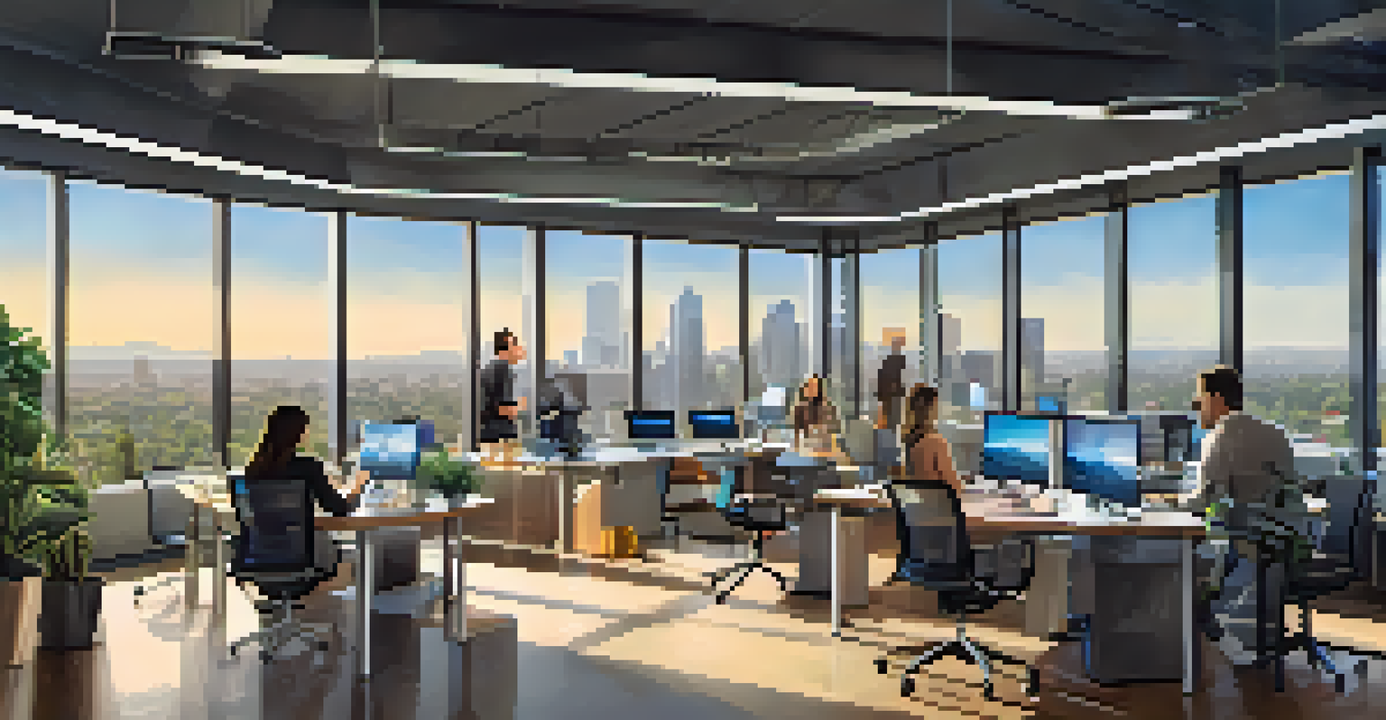A diverse group of entrepreneurs working together in a modern office with high-tech gadgets and a view of the Sacramento skyline, decorated with plants and motivational posters.