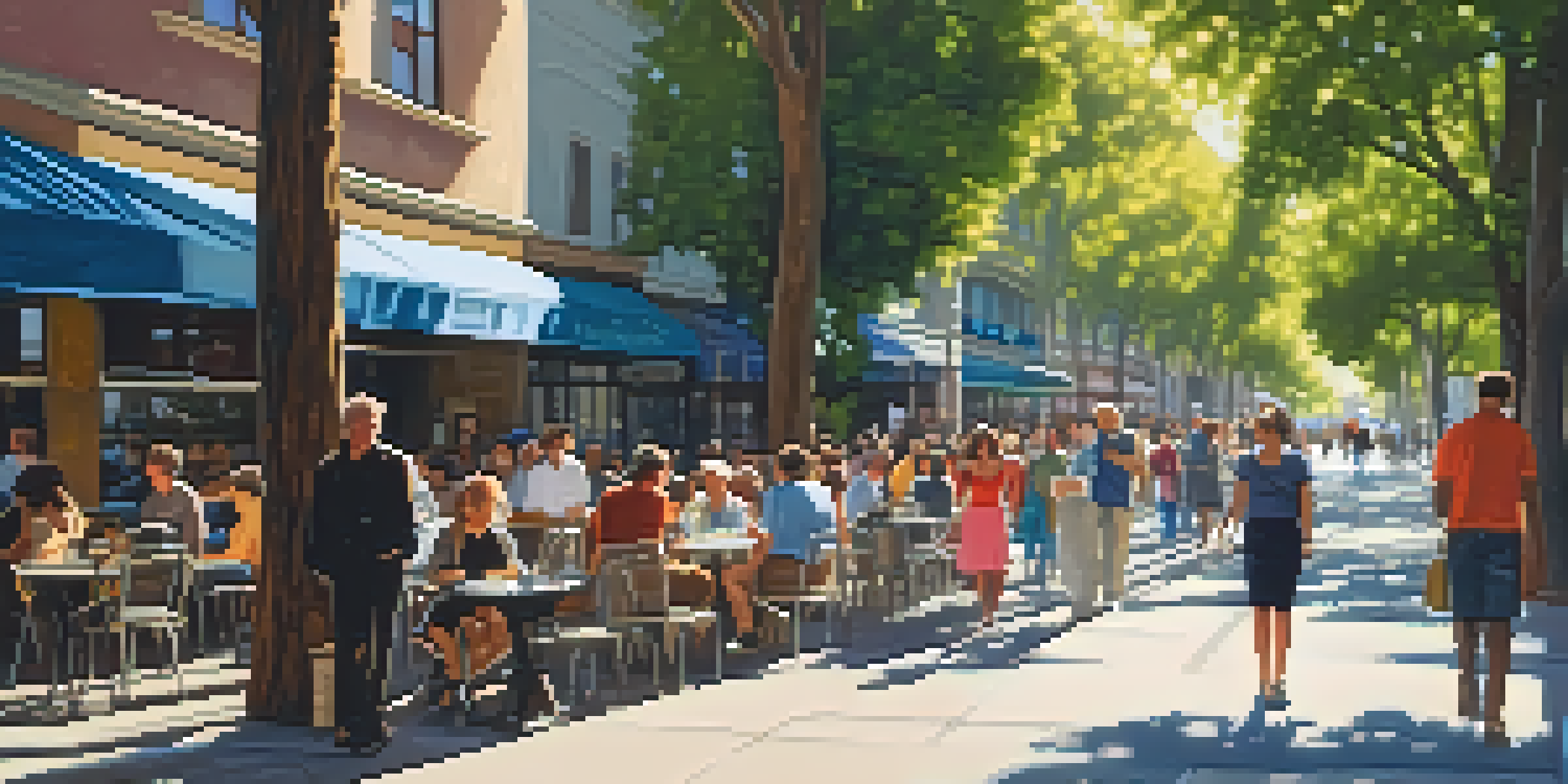 A busy street in Sacramento with wide sidewalks, people walking, outdoor cafes, and trees providing shade under bright sunlight.