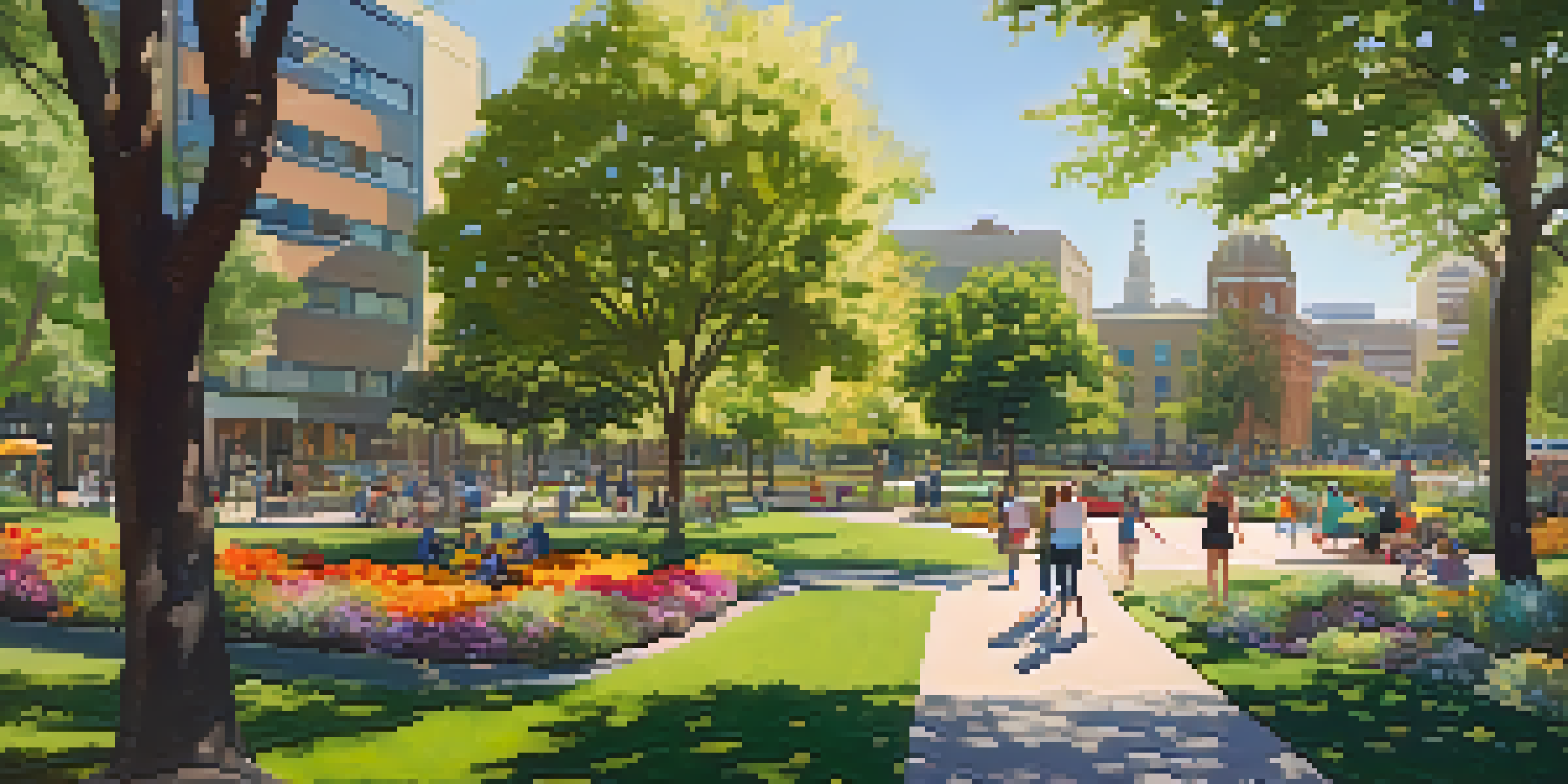 A sunny urban park in Sacramento with families, greenery, and modern buildings in the background.