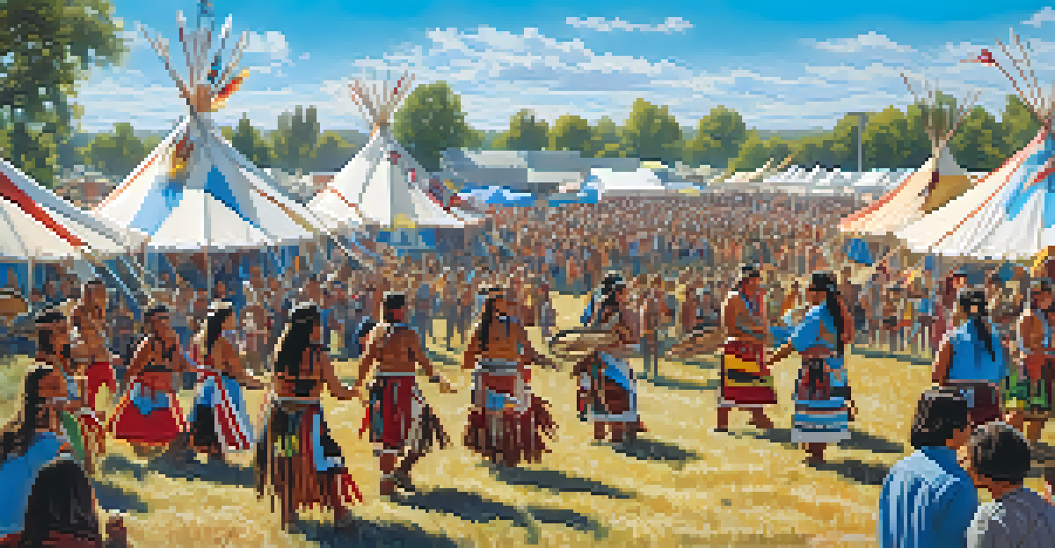 A lively powwow with dancers in traditional Native American clothing, set against a colorful community backdrop.