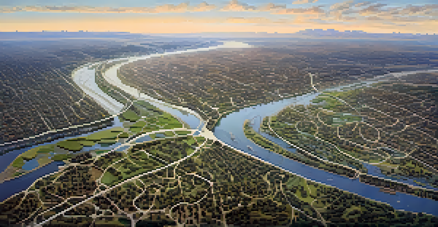 An aerial view of Sacramento's river ecosystem highlighting urban and natural areas, with otters playing in the water.