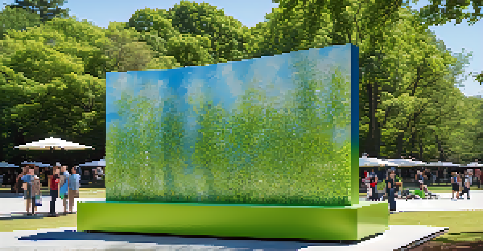 An interactive sculpture made of recycled materials in a sunny park, with people admiring it amid green trees and a blue sky.