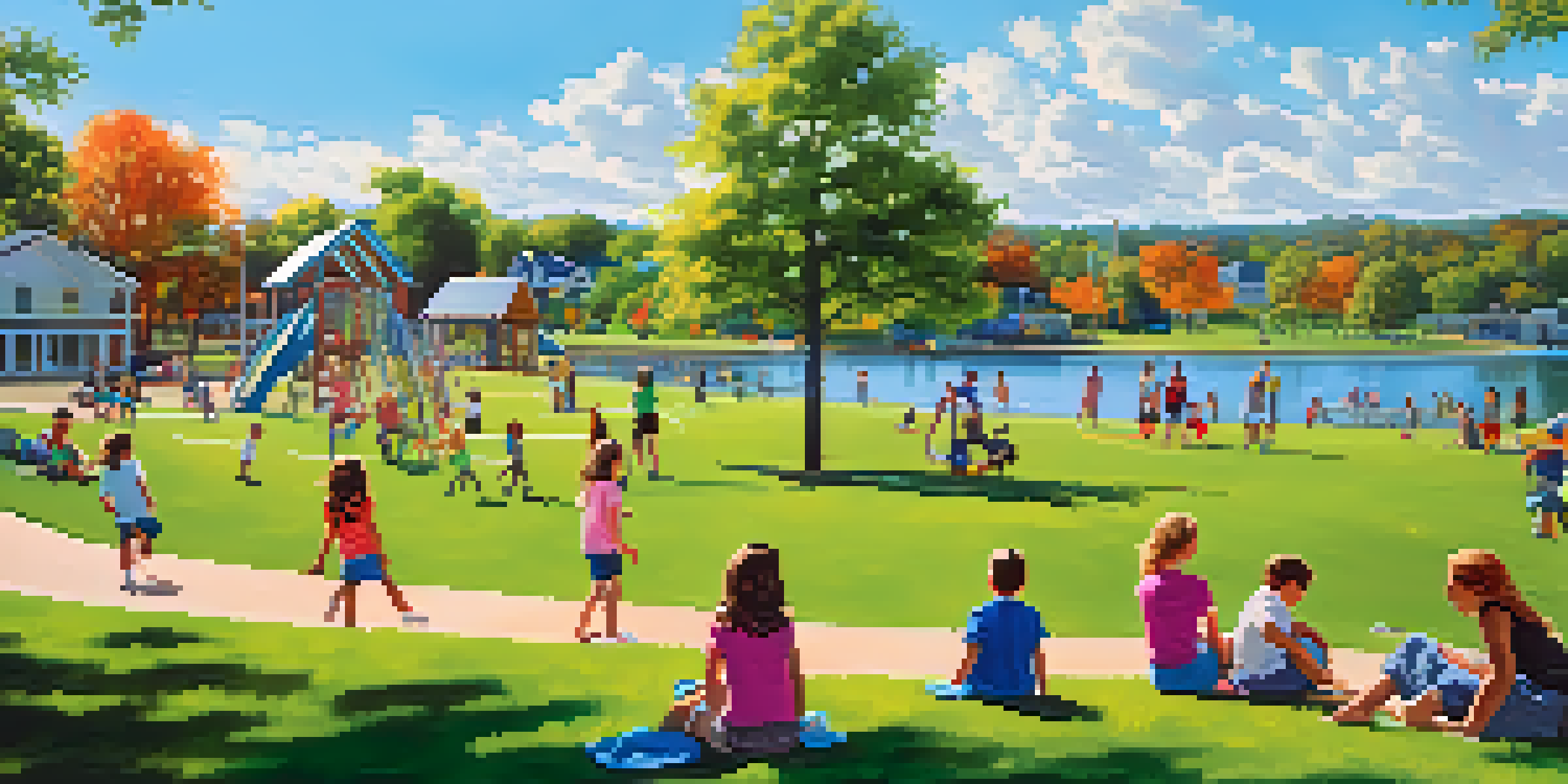 Families having fun at William Land Park with children on the playground, adults playing soccer, and a lake in the background.