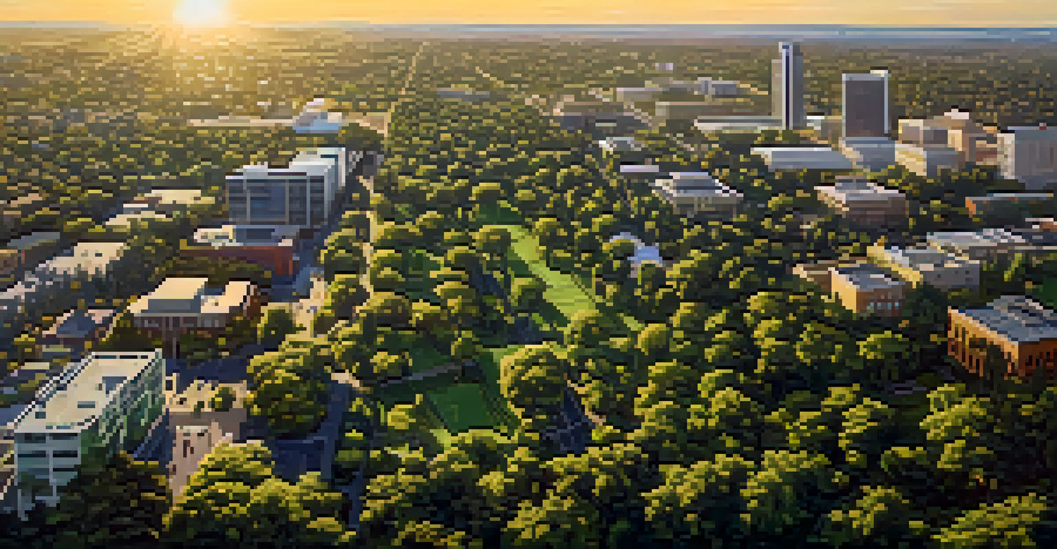 An aerial view of Sacramento showing a blend of urban forest, parks, and residential areas with sunlight illuminating the landscape.