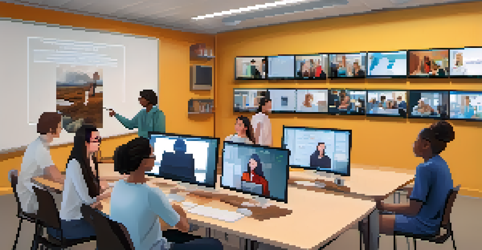 A diverse group of students engaged in a virtual classroom, each at their computers, with a teacher visible on a large screen.