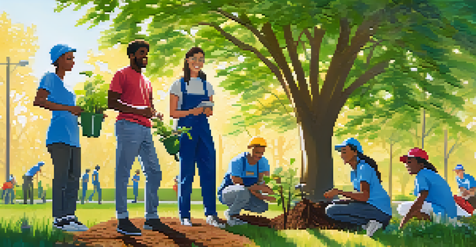 A group of young people planting trees in a sunny park, showcasing teamwork and community engagement.