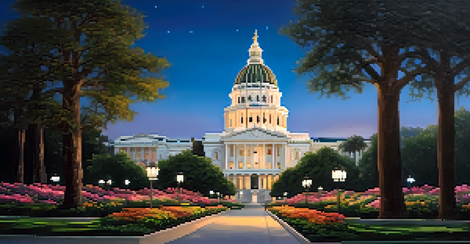 The California State Capitol building illuminated at dusk, surrounded by lush gardens and a deep blue sky.