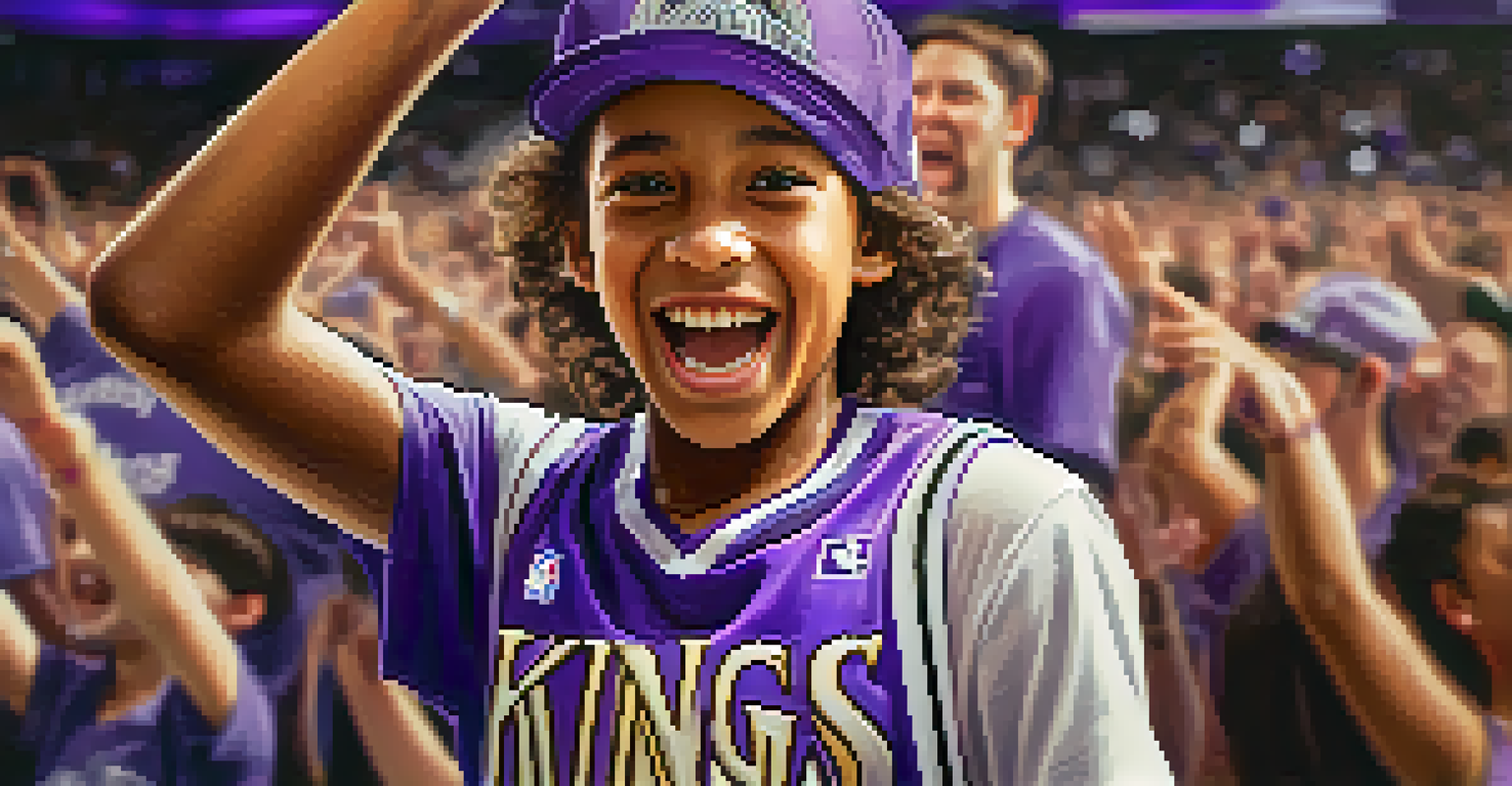 A young fan of the Sacramento Kings, wearing a jersey and cap, smiling while holding a basketball, with the Golden 1 Center in the background.