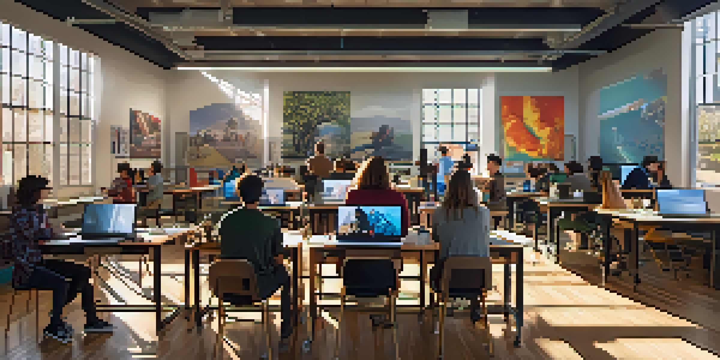 A classroom at a film school with students actively working on filmmaking projects, surrounded by cameras and lighting equipment.