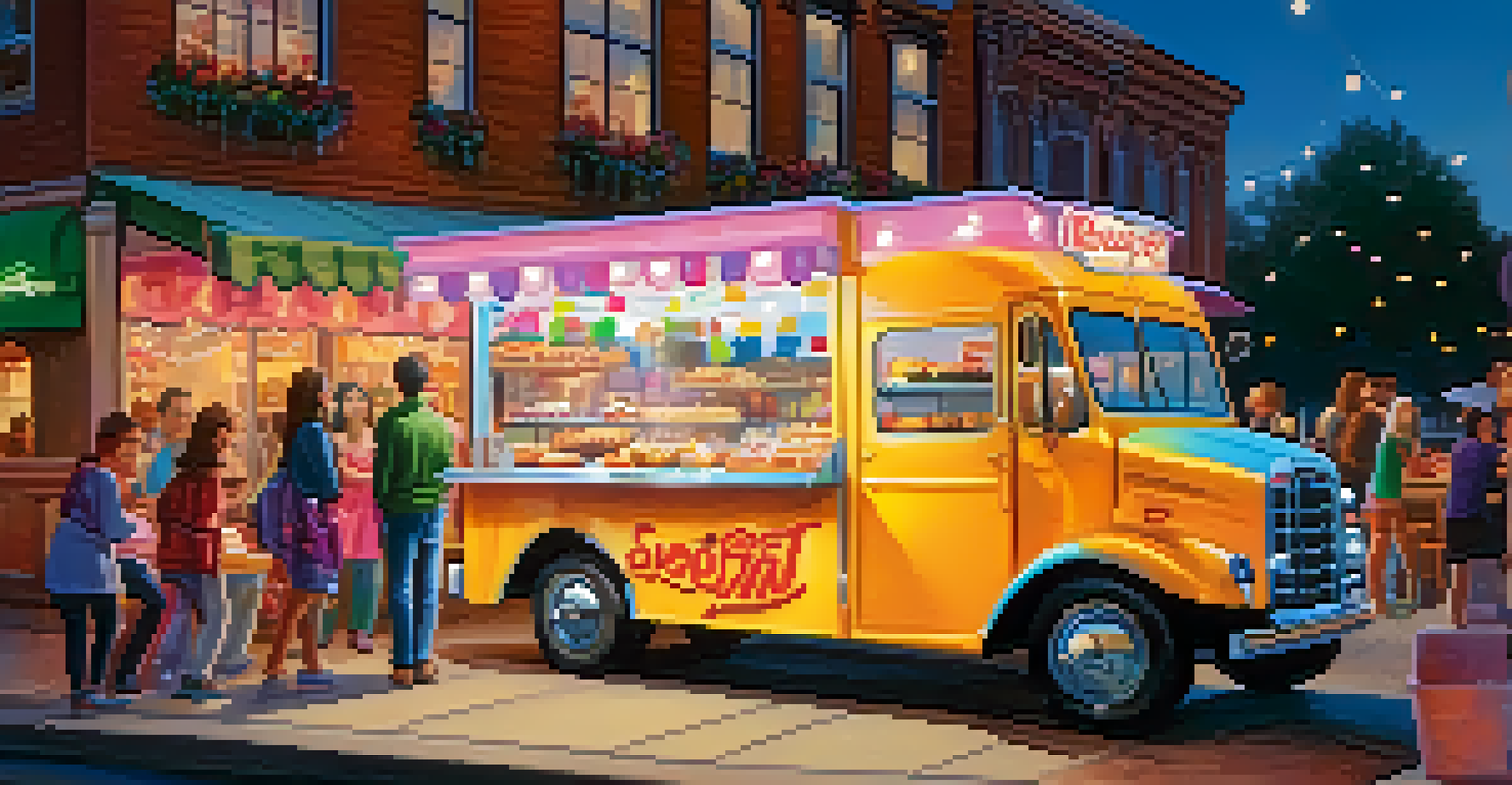 A dessert truck illuminated with fairy lights, showcasing a variety of colorful desserts and people enjoying them.