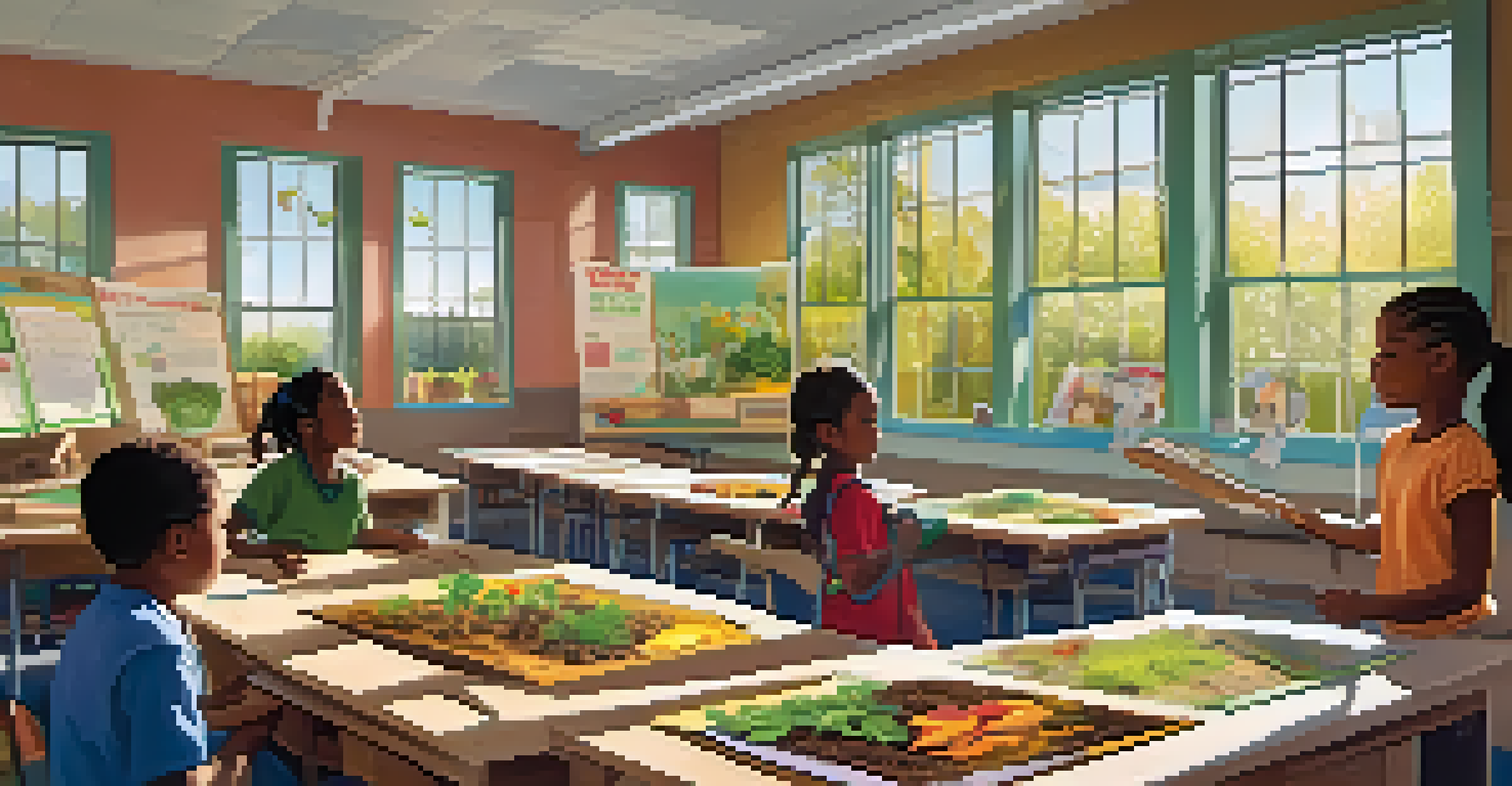 Children participating in an educational workshop about composting and food waste reduction in a bright classroom in Sacramento.