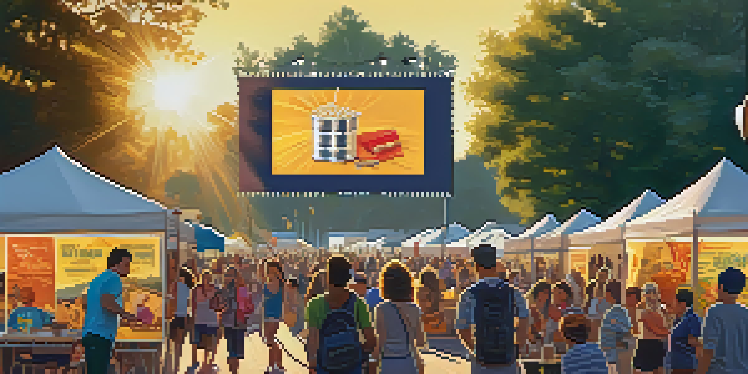 A lively outdoor film festival in Sacramento with a diverse crowd, colorful banners, and food stalls under a warm sunset.