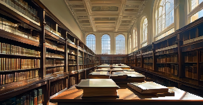 A quiet library archive with shelves of historical books and a researcher studying a vintage map at a table.