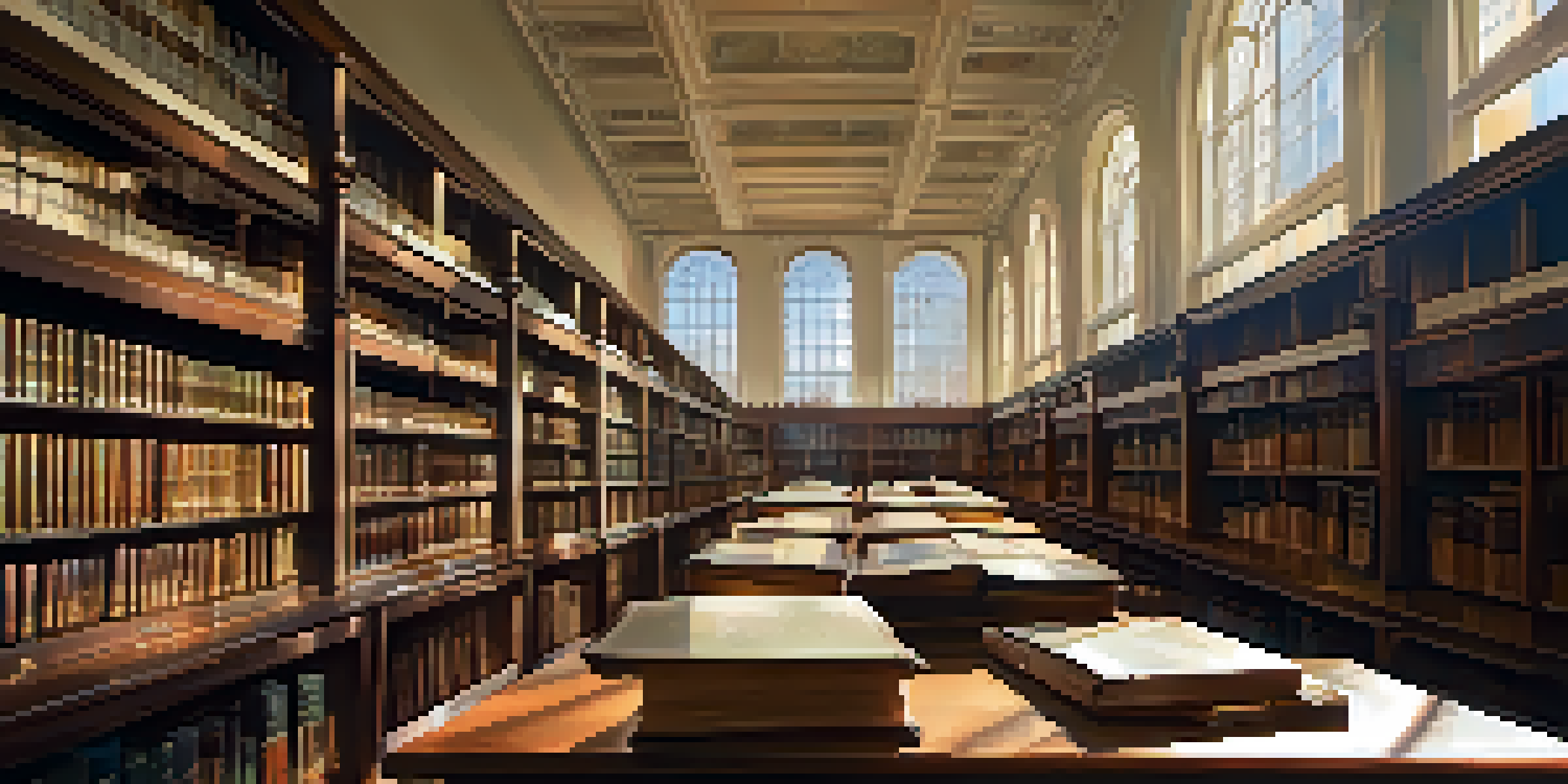 A quiet library archive with shelves of historical books and a researcher studying a vintage map at a table.