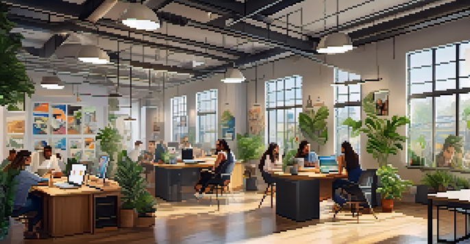 A bright co-working space with diverse people working together, surrounded by plants and modern decor.