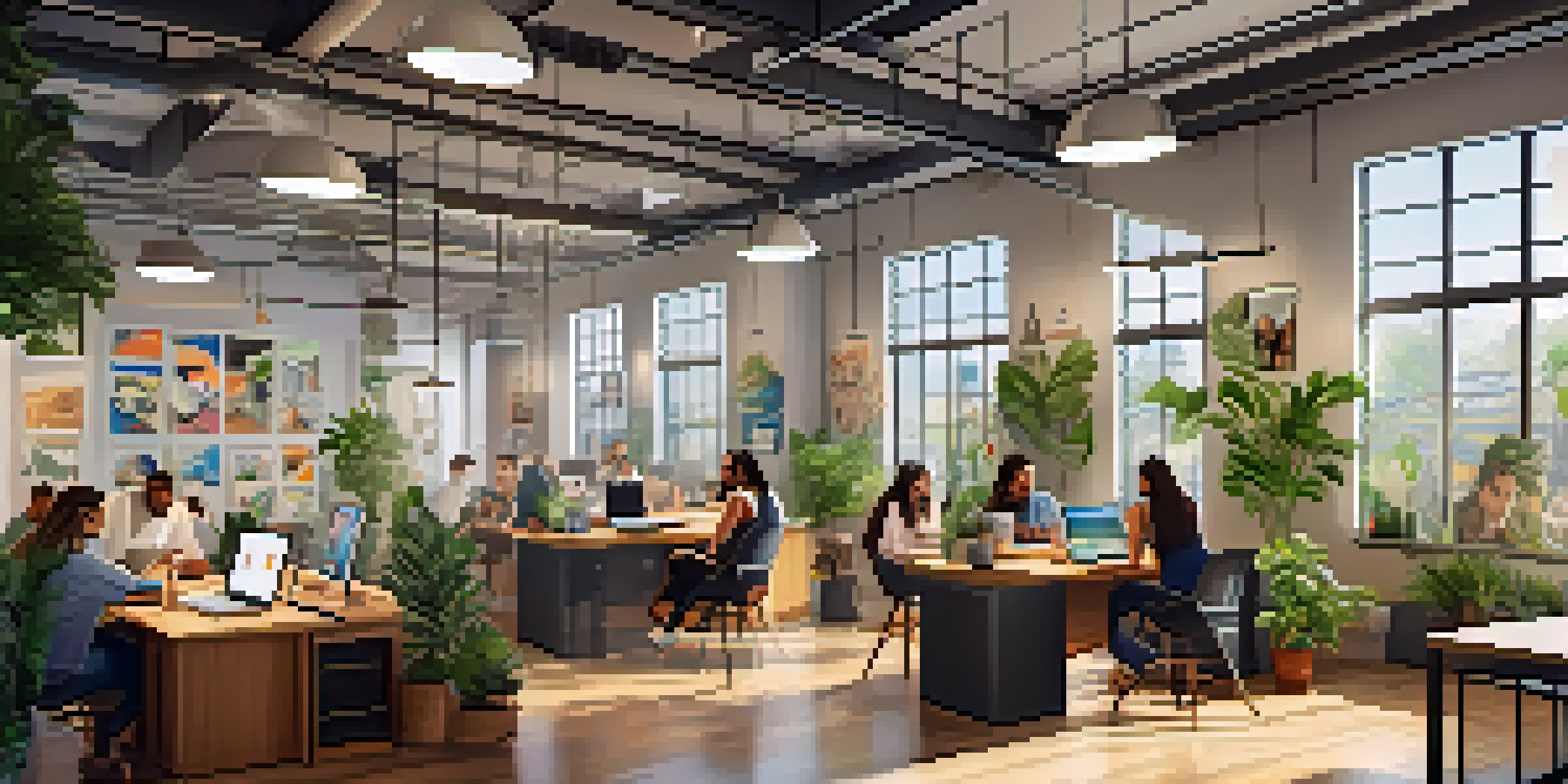 A bright co-working space with diverse people working together, surrounded by plants and modern decor.