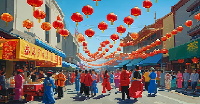 A lively street filled with people celebrating Lunar New Year, with lion dancers and food stalls, decorated with colorful lanterns.