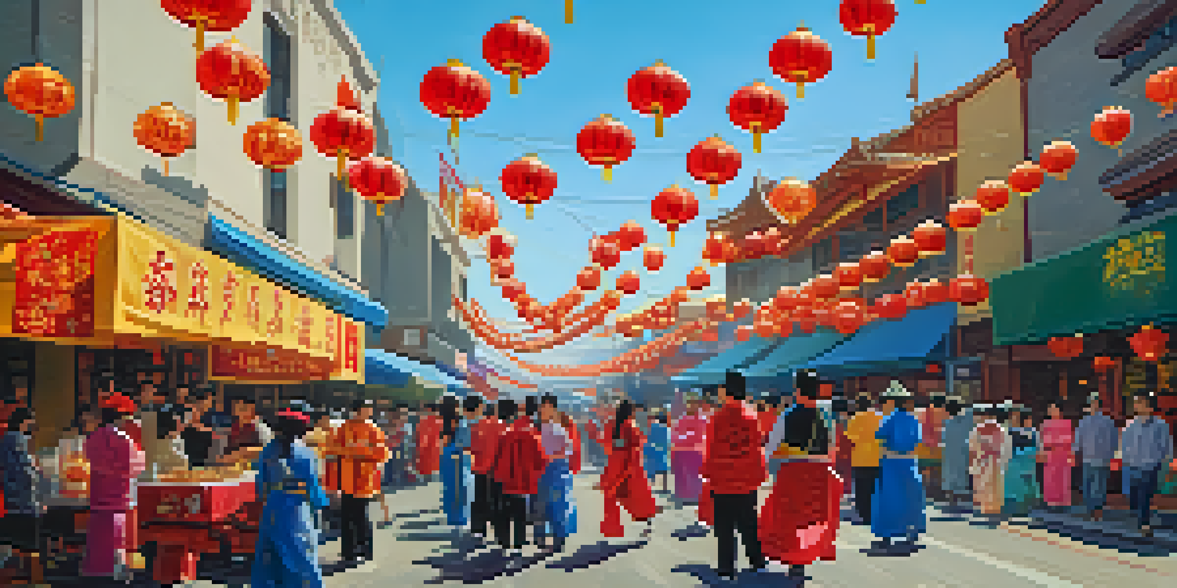 A lively street filled with people celebrating Lunar New Year, with lion dancers and food stalls, decorated with colorful lanterns.