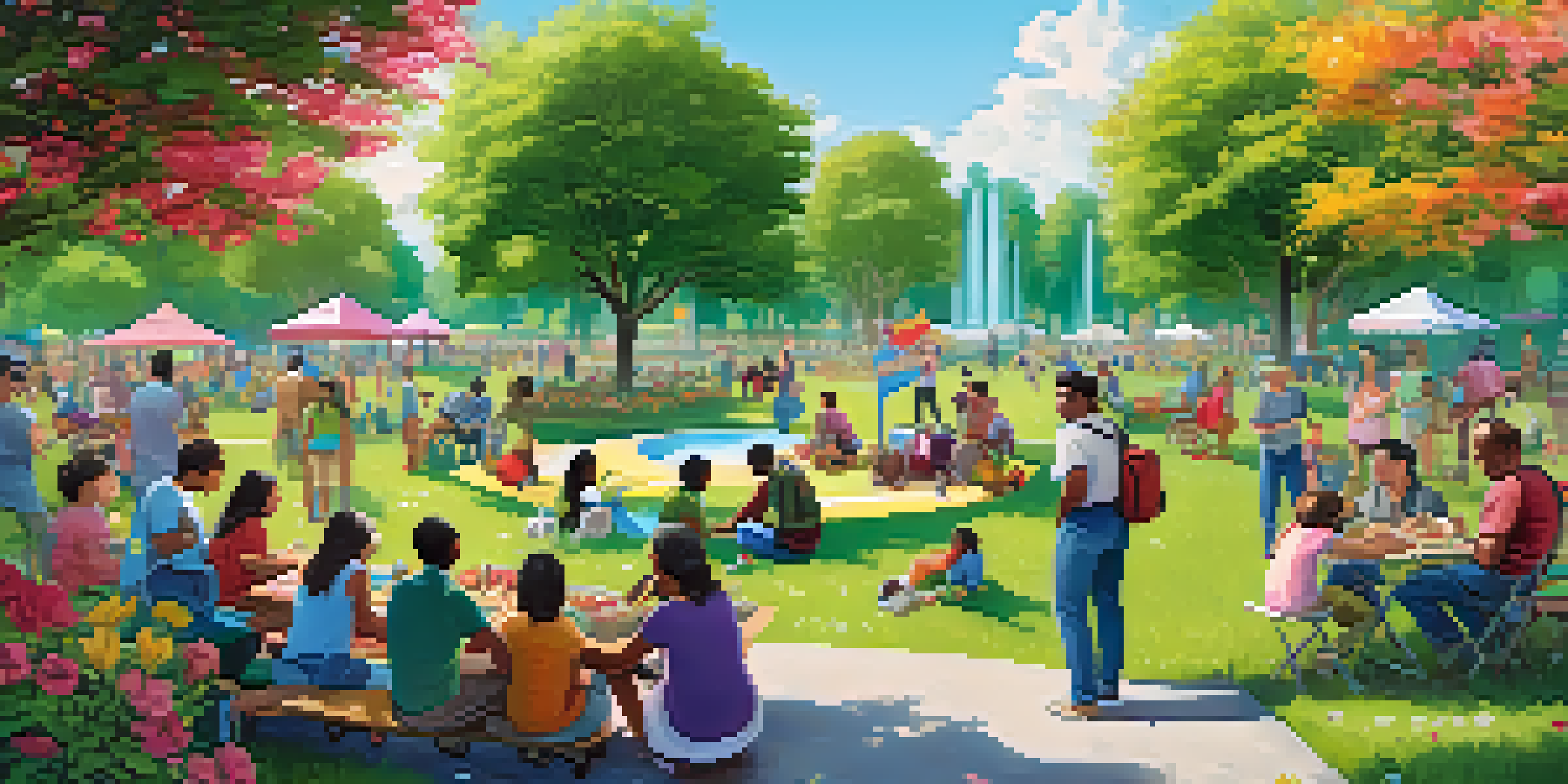 A diverse group of people enjoying a sunny day in a park, engaged in activities that promote community bonding and resilience.