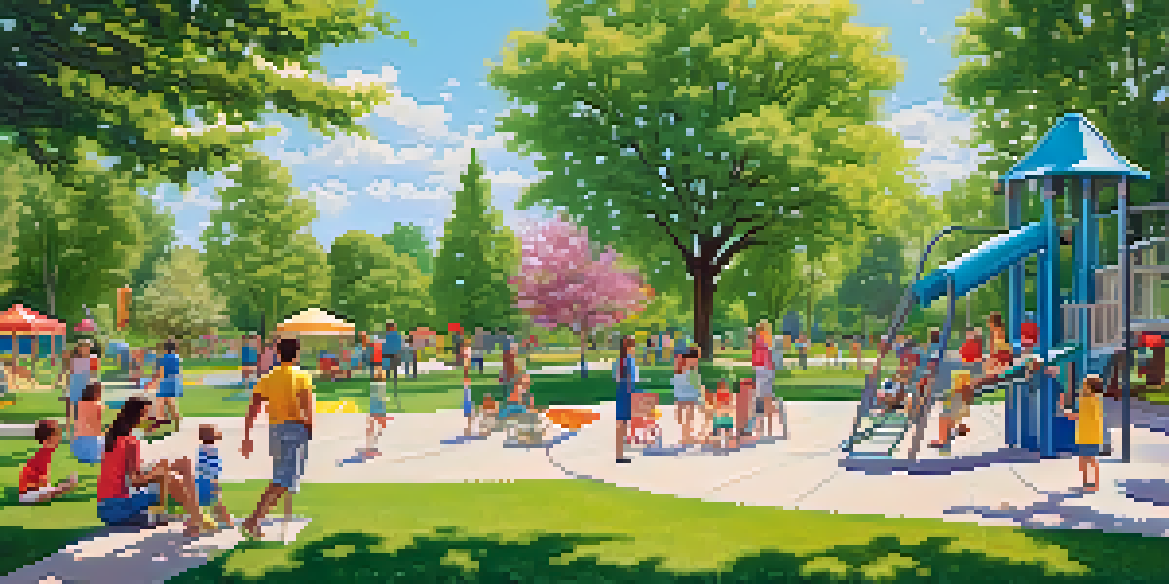 A lively park with families picnicking, children playing, and friends enjoying frisbee under a clear blue sky.