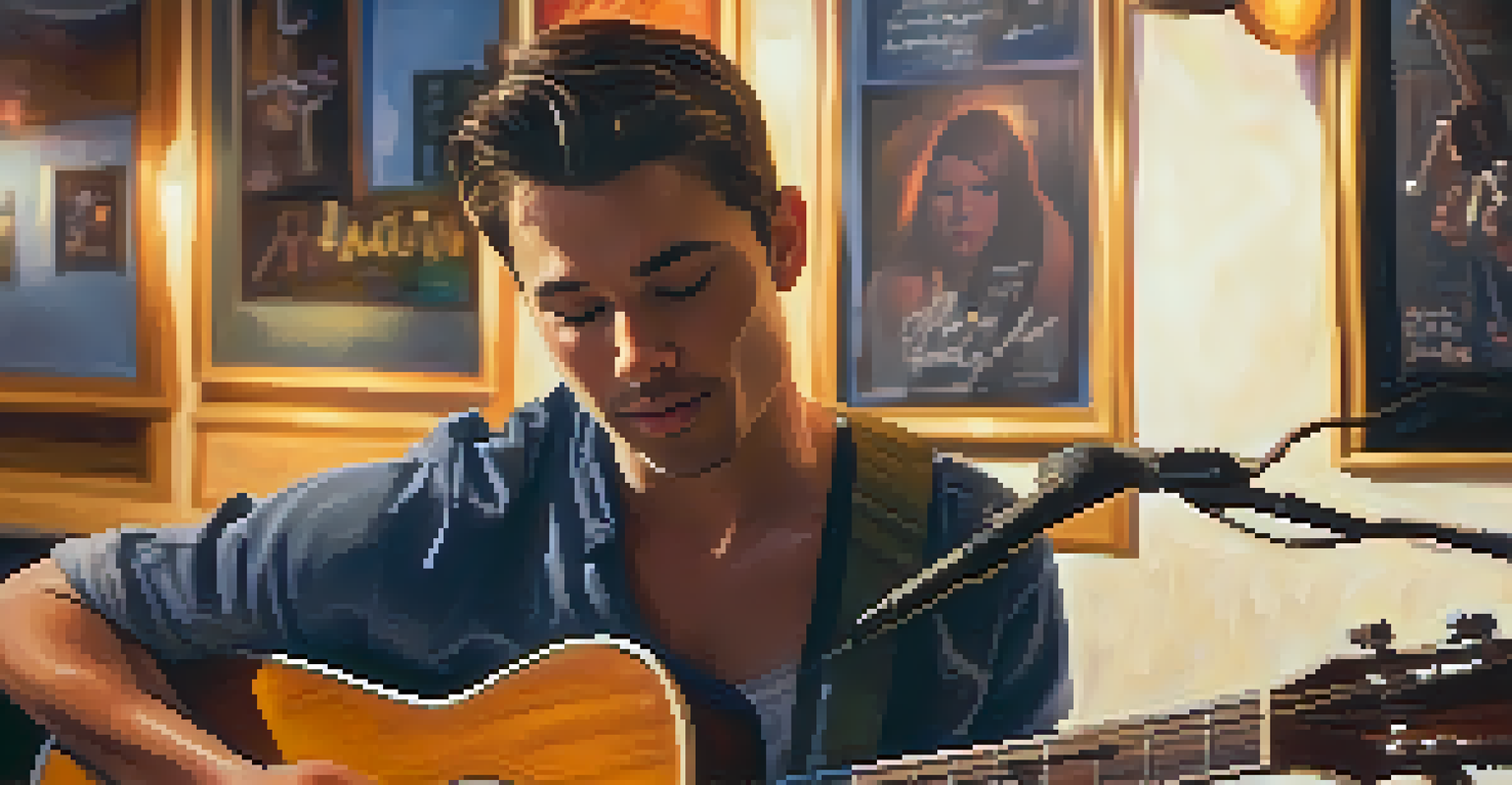 A close-up of a local musician playing an acoustic guitar at an open mic night in a cozy café, illuminated by soft light.