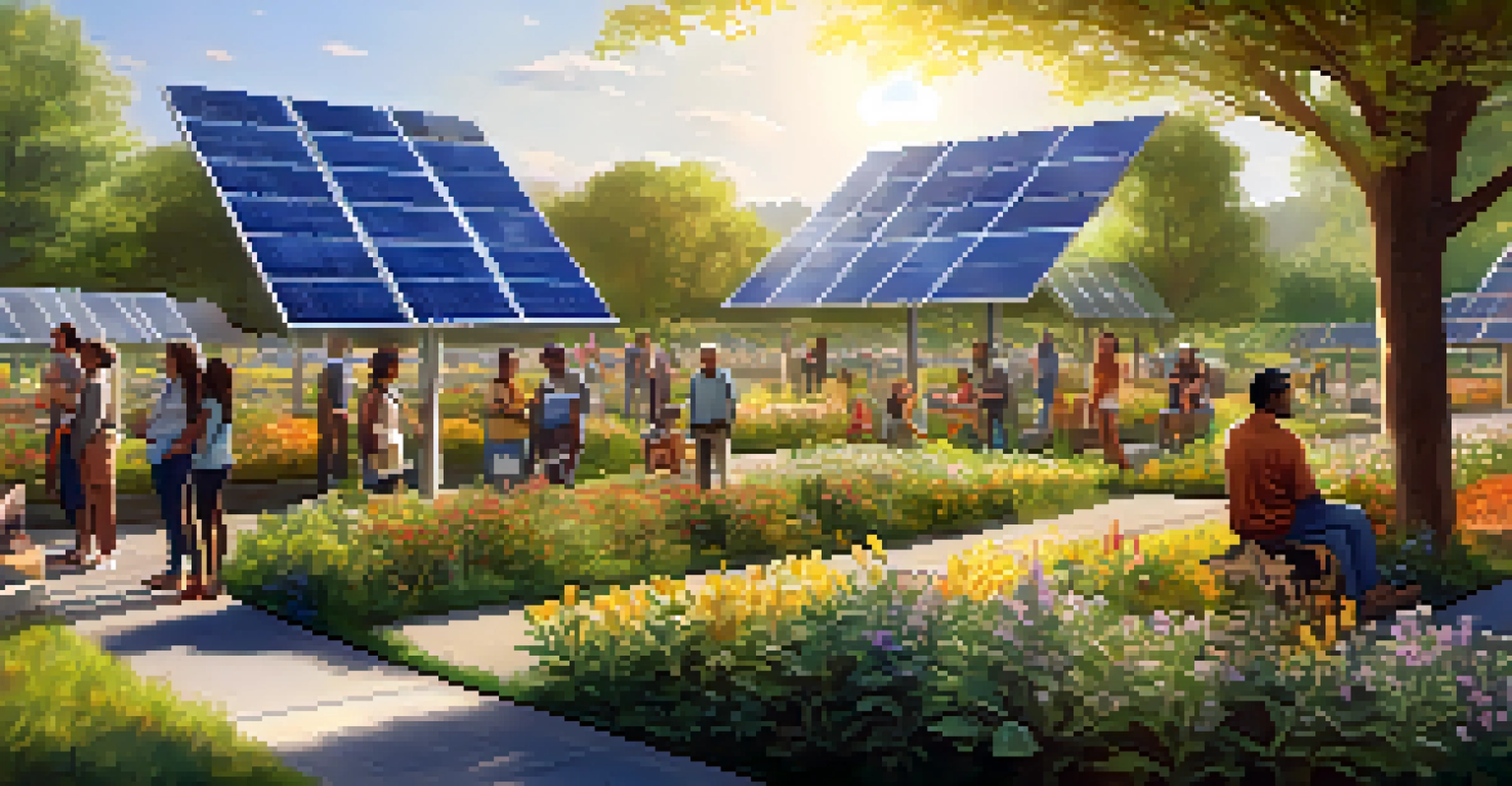 Residents in a community solar garden discussing sustainability, with colorful solar panels and lush greenery around them.
