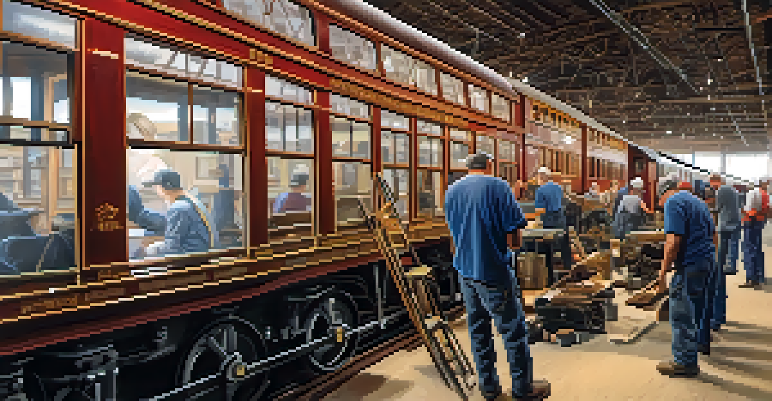 Volunteers working on the restoration of a vintage train car in a museum restoration shop.