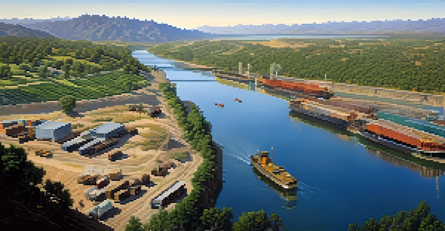 Aerial view of the Sacramento River bustling with boats during the Gold Rush, surrounded by a vibrant landscape.