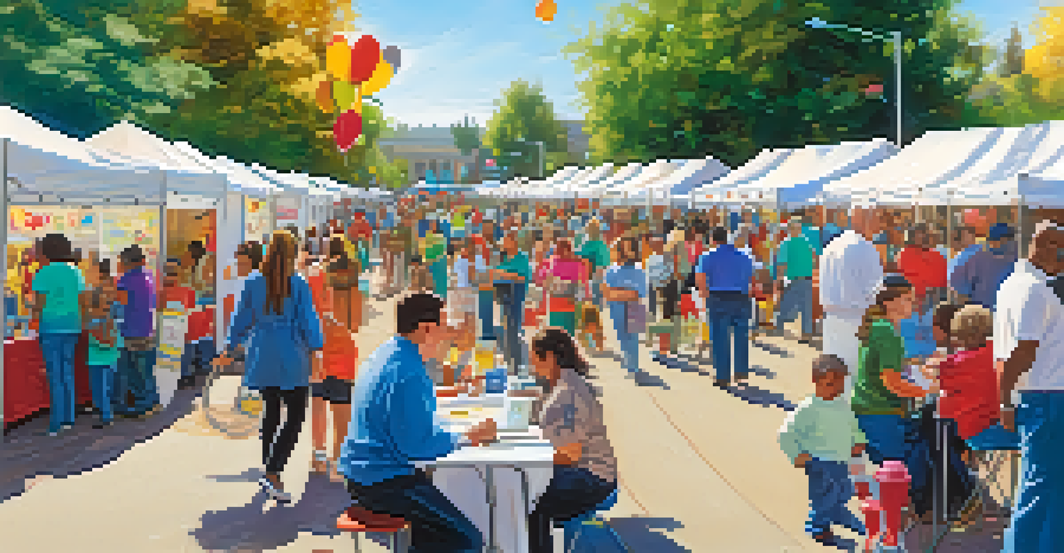A lively community health fair in Sacramento with booths and people engaging in health activities.