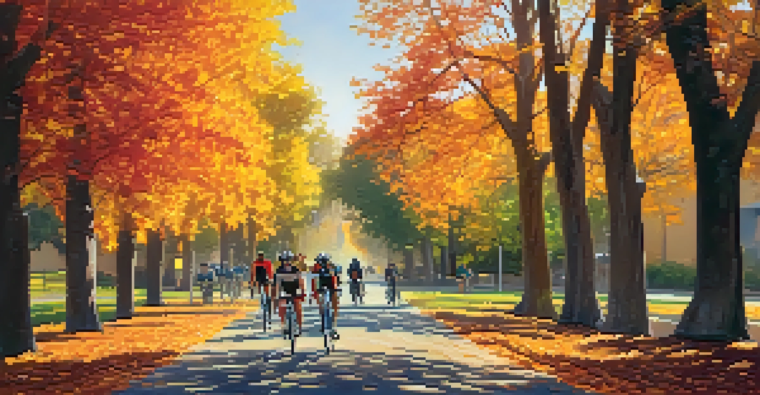 Cyclists riding on a tree-lined path with colorful autumn leaves and warm sunlight.