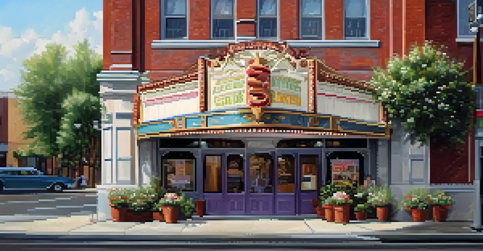 Facade of a historic theater with vintage signage and a welcoming entrance surrounded by flowers.