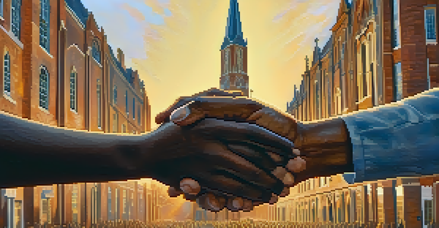 Close-up of diverse hands united in solidarity, with a church in the background, symbolizing community support for social justice.