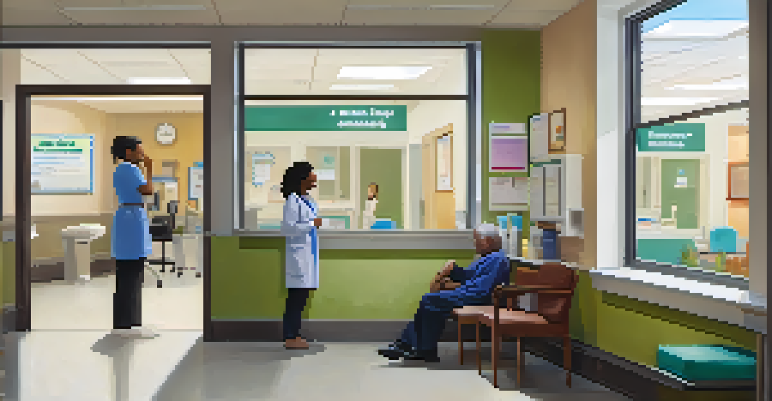 A healthcare provider consulting with a patient in a bright clinic decorated with health equity posters.
