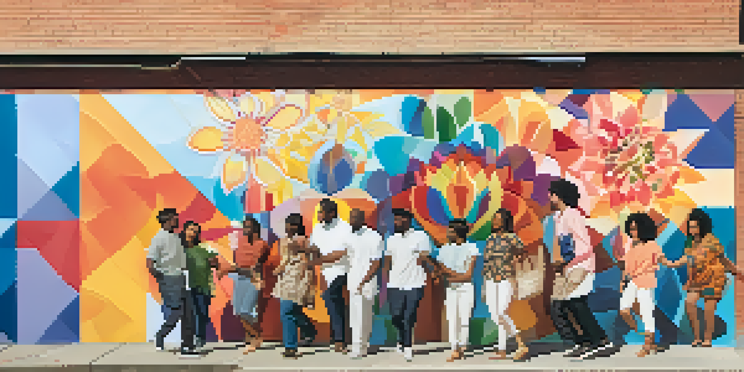 A colorful mural showing diverse people holding hands in a sunny neighborhood, symbolizing community unity.