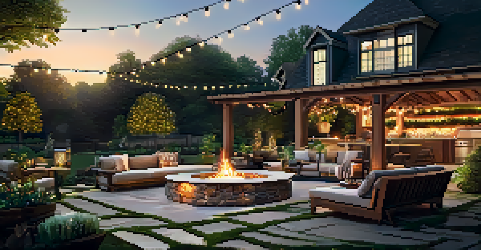 A cozy outdoor living area with seating, a fire pit, and string lights, surrounded by lush plants.