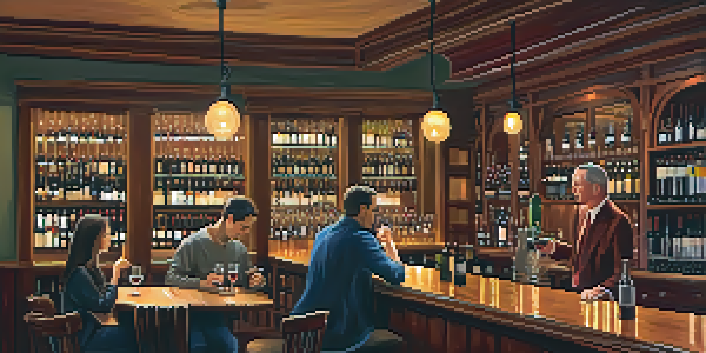 A cozy wine bar interior with warm lighting, wooden furniture, and shelves of wine bottles. A couple enjoys red wine at a small table.
