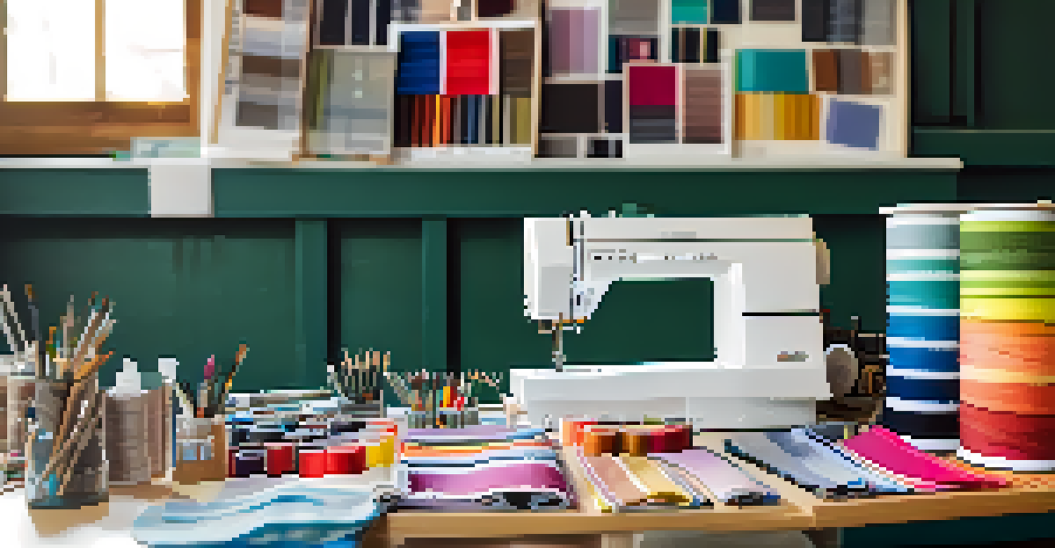 A designer's workspace featuring fabric swatches, sketches, and a sewing machine with a half-finished garment.