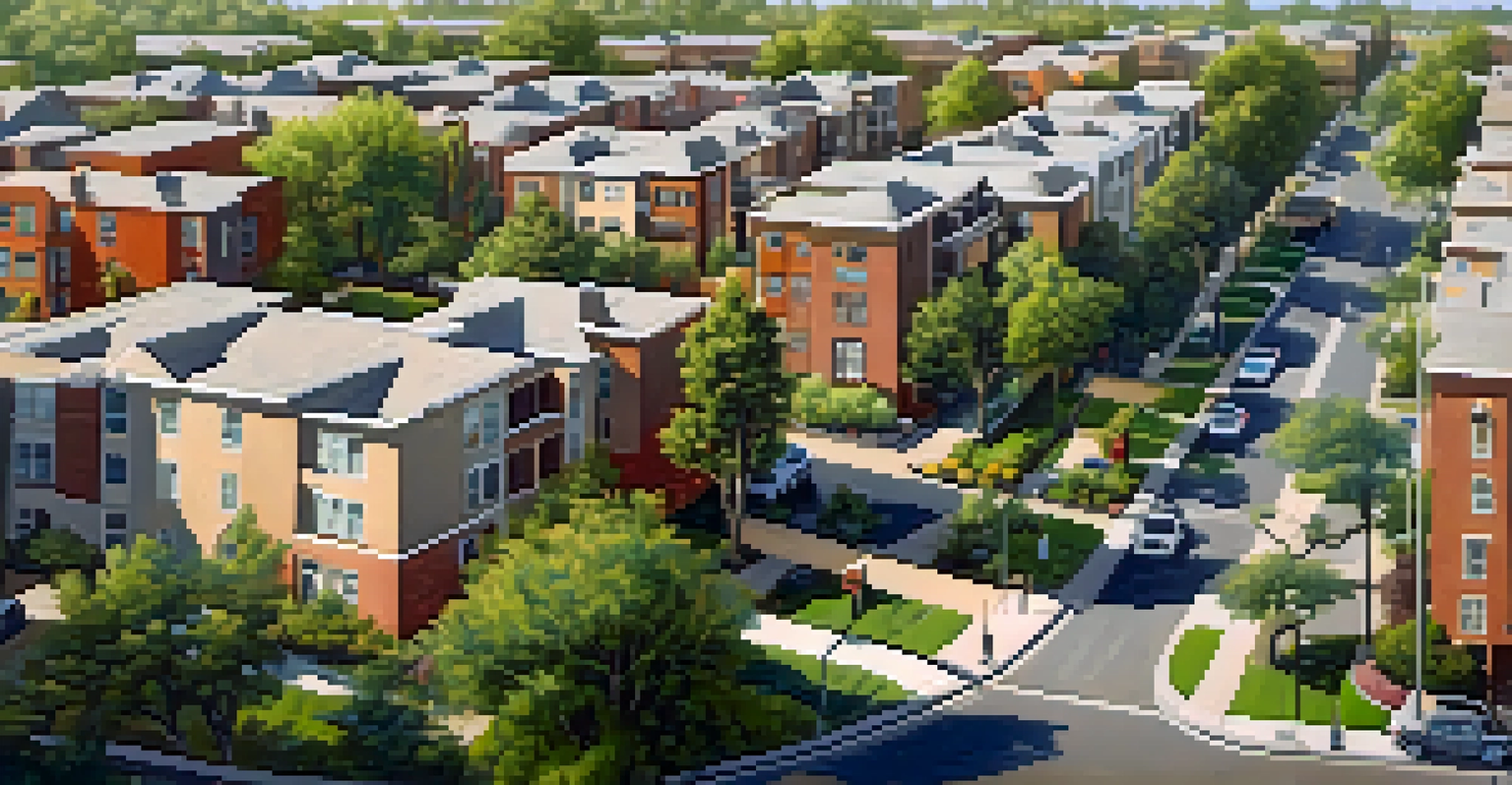 An aerial view of an urban neighborhood in Sacramento with diverse multi-family housing and community activities.